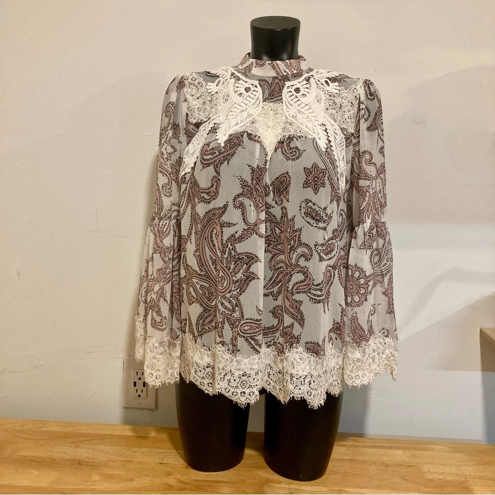Loft Bohemian Sheer Bell Sleeve Lacy Blouse Paisley Pink Purple Off-White Small - Picture 1 of 16